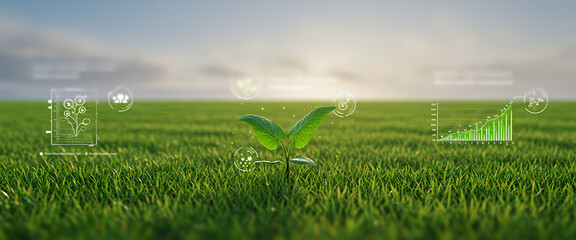 A small plant grows in a field with graphs in the background. Suitable for environmental data visualization, green business mockups, or eco-agriculture branding scenes.
