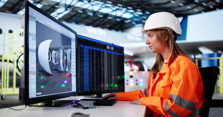 Female Aircraft Technician Developing 3D Engine Models