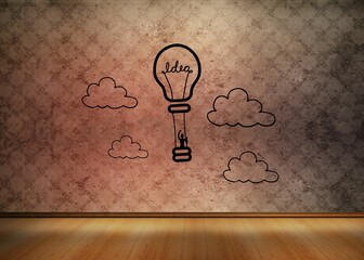 Light bulb graphic in empty brown room