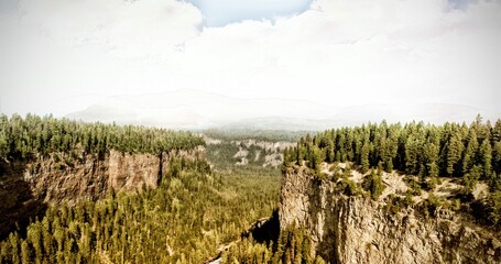 Flat design illustrating forested canyon rocky cliffs with sunlit pine covered ridges fading