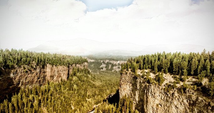 Fototapeta Flat design illustrating forested canyon rocky cliffs with sunlit pine covered ridges fading
