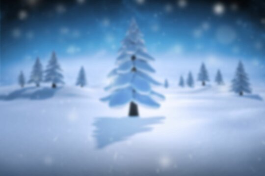 Fototapeta Snow-laden pine is standing in flat design evergreen grove with snowdrifts and falling snowflakes