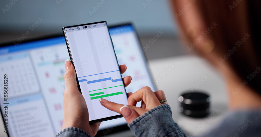 Poster employee using mobile app to manage business schedule