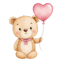 Cute teddy bear holding heart-shaped balloon in pastel colors for children's decoration