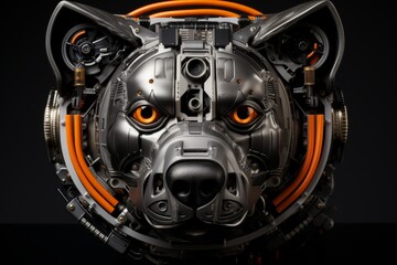 Intricate portrait of a robotic creature set against a minimalist clean background design