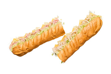 Two delicious deli subs filled with ham turkey cheese and lettuce isolated on transparent background