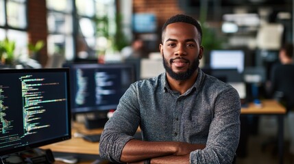 A confident African American male IT professional poses in a modern office setting, surrounded by advanced technology and coding displays, showcasing a dynamic work environment.