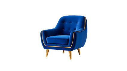 Fototapeta premium Royal blue velvet armchair with gold trim and wooden legs isolated on a transparent background