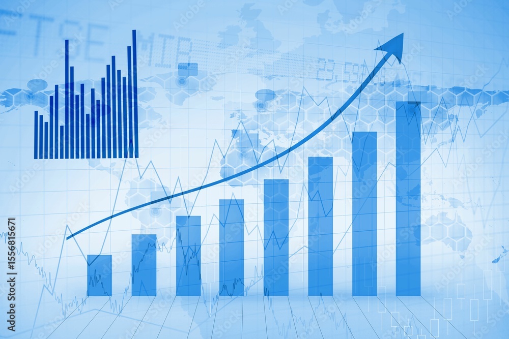 Poster ascending bar chart is rising in flat design with line graph, hex overlay and world map