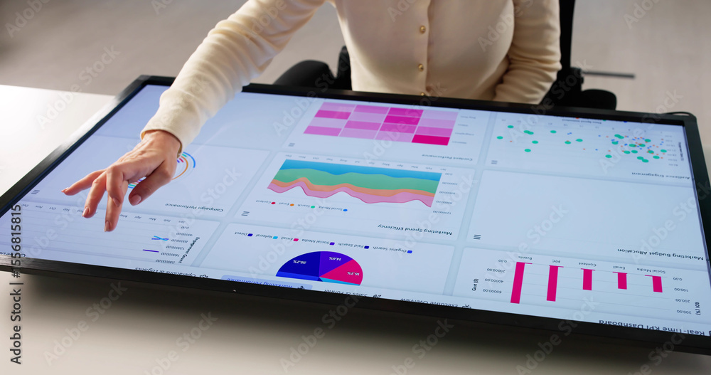 Poster female entrepreneur analyzing performance data on predictive dashboard