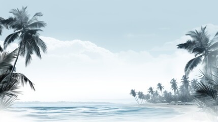 Engraving of summer beach tranquility featuring palm trees and seasonal beach elements