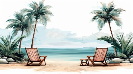 Engraving of a serene summer beach scene with palm trees and coastal decor for seasonal design