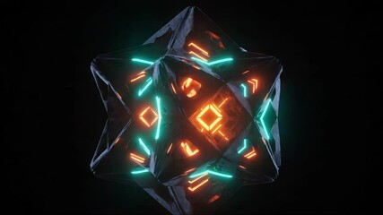 Glowing geometric orb spins in dark space; futuristic design, digital art - Powered by Adobe