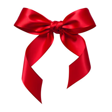 Shiny red satin ribbon bow with flowing tails isolated on a transparent background silk