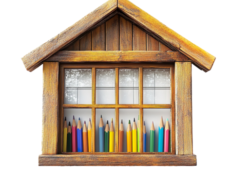 Wooden School House Window with Colored Pencils Isolated On Transparent Background