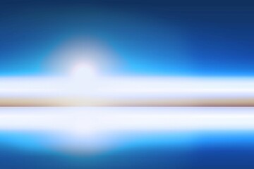 Bright sun is rising on horizon line in flat design, creating mirror reflection on calm water