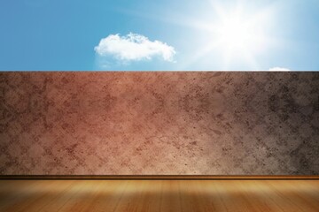 Textured concrete wall is being shown in minimalistic scene with wooden floor, white cloud, sun
