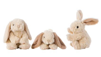 Three fluffy plush bunnies in cream and tan colors arranged in a row isolated on a transparent background