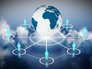 Human figures surrounding earth graphic