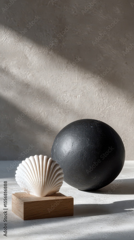 Aufkleber elegant display of a shell and a sphere, showcasing simplicity.