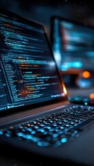 Laptop screen displaying code in a dark room