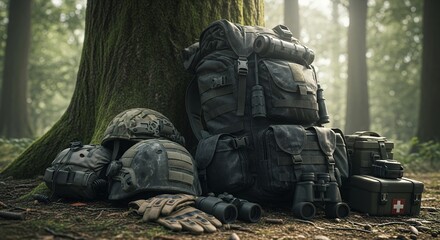 Outdoor tactical gear mockup setup in forest wilderness adventure survival preparedness concept military style backpack helmets gloves binoculars medical kit ready for