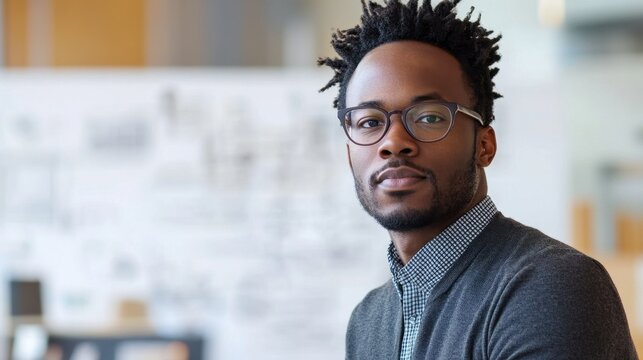 Portrait of a young African American male architect with glasses, exuding confidence and creativity in a modern office environment. Ideal for themes of professionalism and diversity. - Powered by Adobe