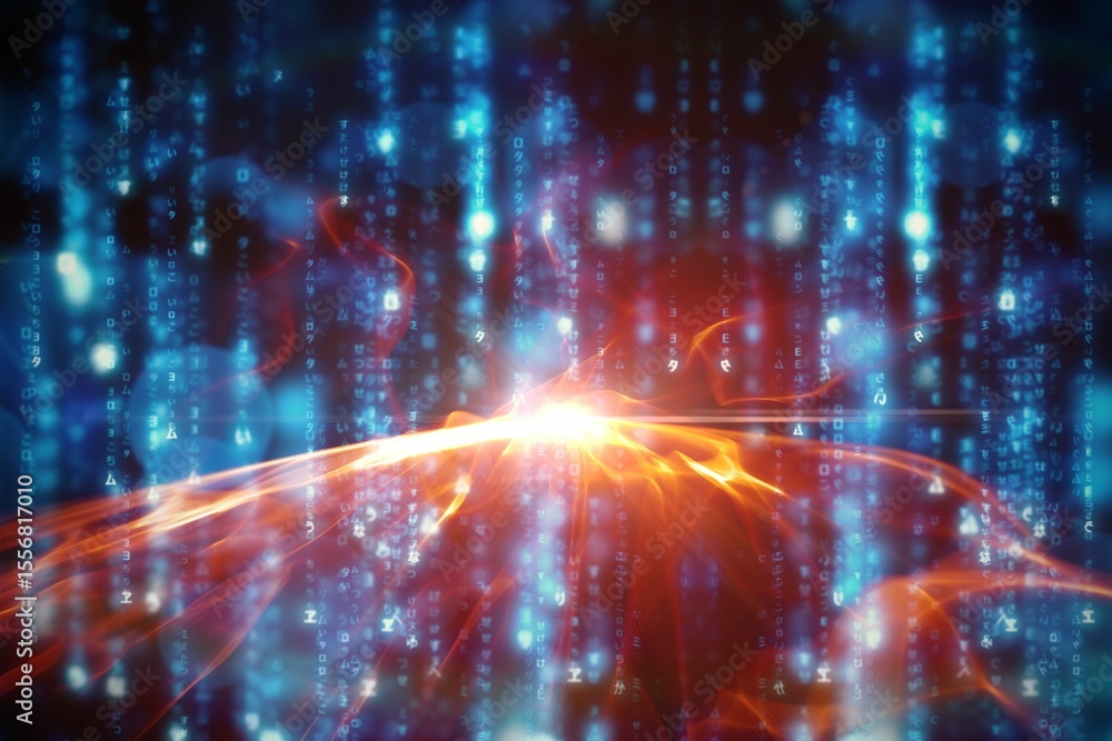 Poster abstract glowing orange wave is sweeping through virtual blue code streams in flat design