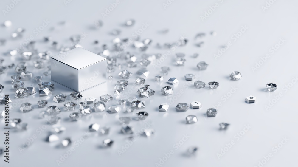 Poster a close-up of a metallic cube surrounded by sparkling gems.