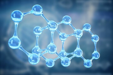 3D molecular model showing connected transparent blue spheres and rods on blurred backdrop