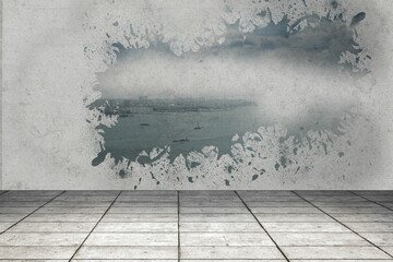 Flat design paint-splash seascape mural is being displayed on gray plaster wall with tiled floor