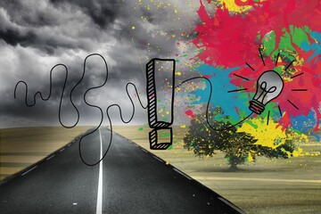 Colourful light bulbs graphic on gloomy countryside