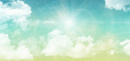 Bright sun is shining in digital illustration of pastel gradient sky with drifting white clouds