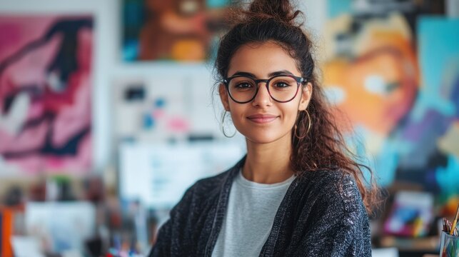 A young Indian female graphic designer smiles confidently in her creative workspace, surrounded by colorful artwork and a vibrant atmosphere, showcasing her artistic flair.
