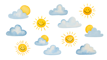 Watercolor smiling suns and fluffy clouds scattered across black isolated on a transparent background