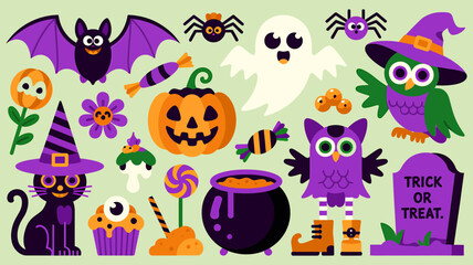 Obraz premium Vector art of halloween elements isolated on white background with spider and ghost
