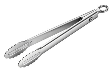 Shiny stainless steel kitchen tongs with serrated grips and hanging loop isolated on transparent background