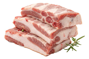 Fototapeta premium Three raw pork ribs stacked with peppercorns and rosemary sprig isolated on transparent background