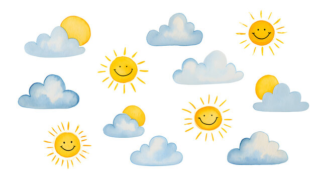 Watercolor smiling suns and fluffy clouds scattered across black isolated on a transparent background