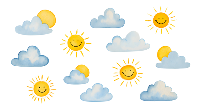 Watercolor smiling suns and fluffy clouds scattered across black isolated on a transparent background