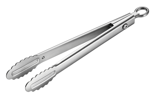 Shiny stainless steel kitchen tongs with serrated grips and hanging loop isolated on transparent background