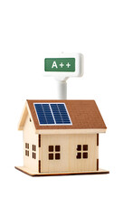 Fototapeta premium Wooden house model with solar panel and A++ energy efficiency sign isolated on a transparent background