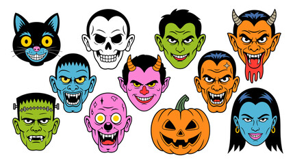 Vector art of assorted halloween monster faces isolated on white background