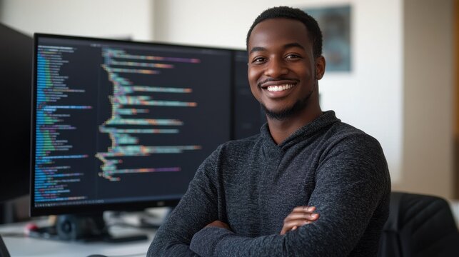 A young Black male software engineer smiles confidently while working at his desk. The modern workplace features coding on a computer screen, showcasing a tech-savvy environment.