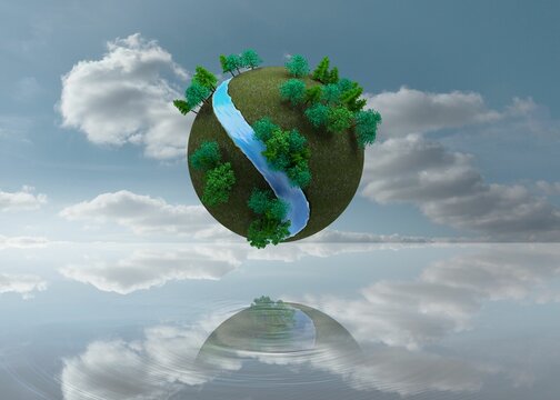 Fototapeta Futuristic earth floating in air