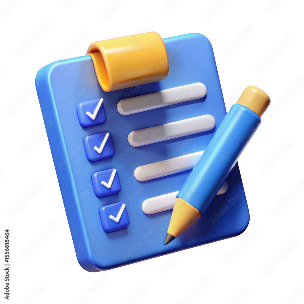 Poster 3d realistic checklist icon with pencil isolated on transparent background