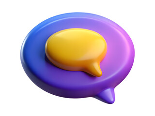 A vibrant 3d render of a glossy yellow speech bubble icon emerging from a larger purple and blue gradient circular message bubble on a black background