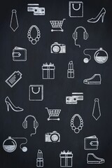 Chalkboard-style background is showing repeating white chalk shopping and fashion icons on surface