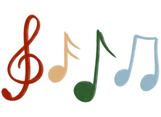 Notes doodle set hand drawn in crayon style. Colorful sketch music drawing note.