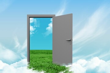 Open door with grass in sky